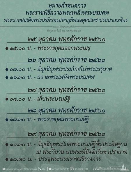 หมายกำหนดการล่าสุด พระราชพิธีถวายพระเพลิง 25-29 ต.ค. หมายกำหนดการล่าสุด พระราชพิธีถวายพระเพลิง 25-29 ต.ค.