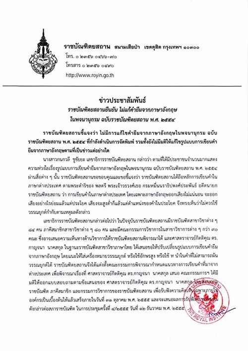 ราชบัณฑิต ประกาศไม่แก้คำทับศัพท์ 176 คำ