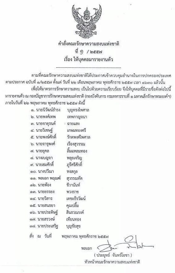 18 รายชื่อ รมต.รักษาการ ถูกเรียกรายงานตัว ตามประกาศ คสช. ฉบับ 1 18 รายชื่อ รมต.รักษาการ ถูกเรียกรายงานตัว ตามประกาศ คสช. ฉบับ 1