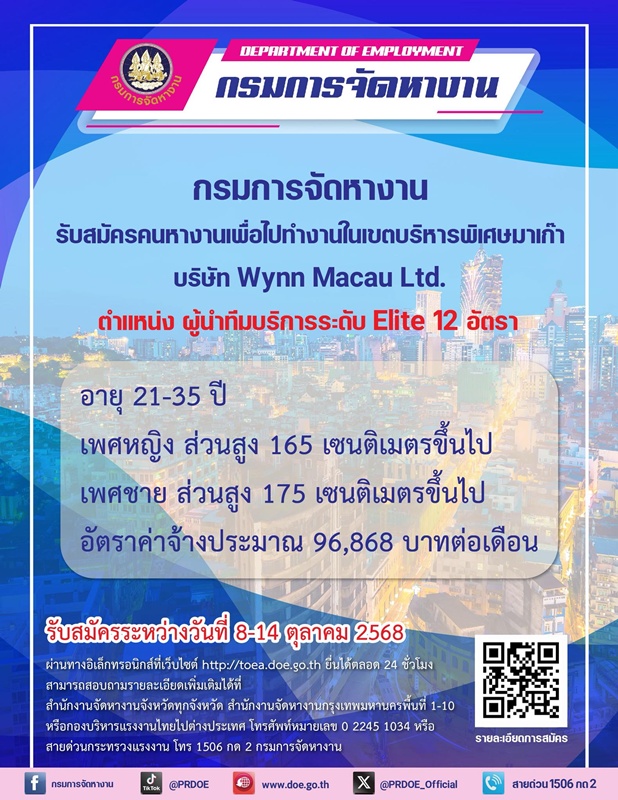 เปิดรับสมัครทำงานมาเก๊า เงินเดือนเกือบแสน เช็กคุณสมบัติที่นี่ เปิดรับสมัครทำงานมาเก๊า เงินเดือนเกือบแสน เช็กคุณสมบัติที่นี่