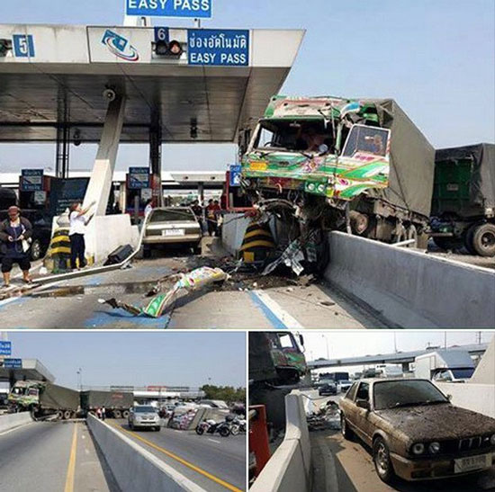 รถพ่วง 18 ล้อ เสียหลักพุ่งชนรถบนทางด่วนบางพลี-สุขสวัสดิ์ รถพ่วง 18 ล้อ เสียหลักพุ่งชนรถบนทางด่วนบางพลี-สุขสวัสดิ์