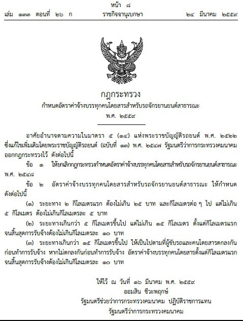 อัตราค่าโดยสารมอเตอร์ไซค์รับจ้าง 2 กม.แรก 25 บาท