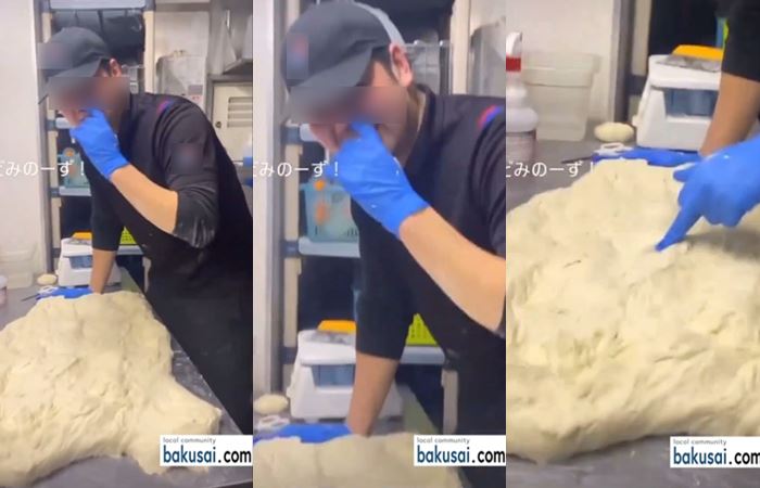 พนักงานร้านพิซซ่าแคะจมูก ป้ายลงแป้งพิซซ่า พนักงานร้านพิซซ่าแคะจมูก ป้ายลงแป้งพิซซ่า