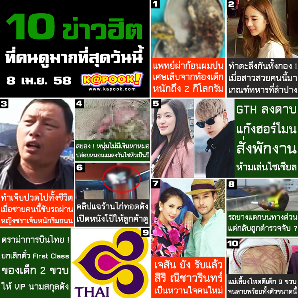 10 ข่าวฮิต ประจำเว็บไซต์ kapook.com วันที่ 8 เมษายน 2558 10 ข่าวฮิต ประจำเว็บไซต์ kapook.com วันที่ 2 เมษายน 2558