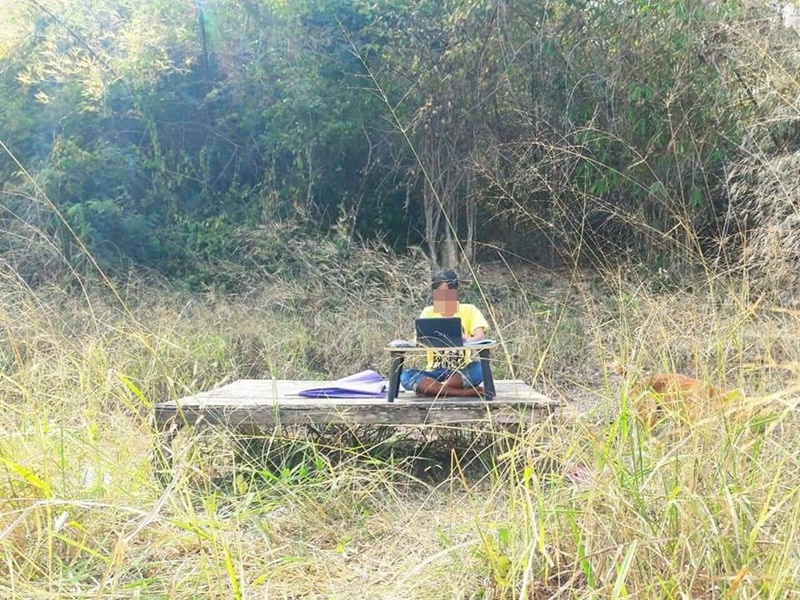 เด็กเรียนออนไลน์กลางแจ้ง เด็กเรียนออนไลน์กลางแจ้ง