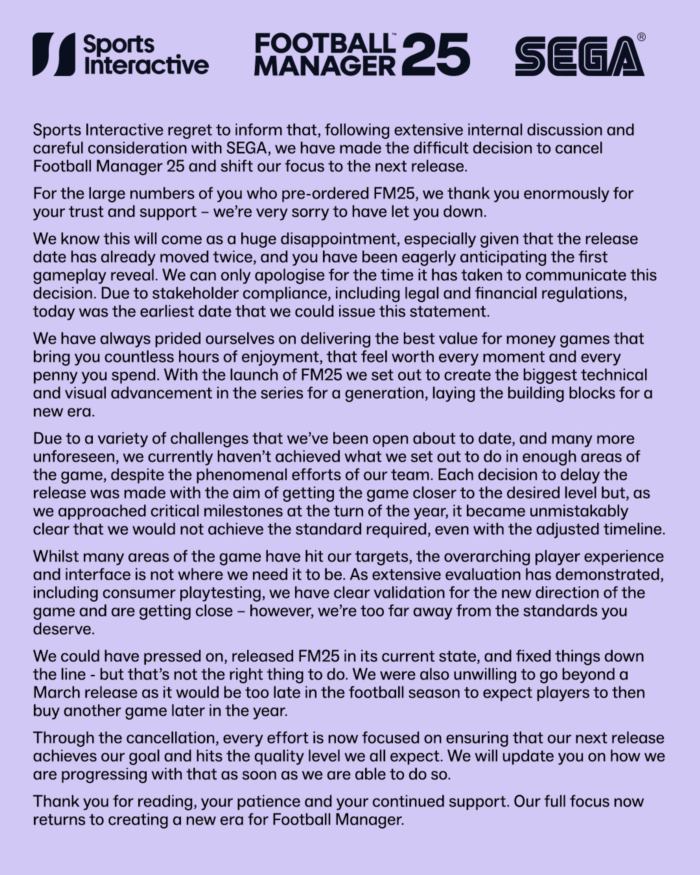ยกเลิกออกเกม FM25 ยกเลิกออกเกม FM25