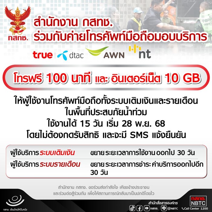 กสทช. ช่วยผู้ประสบภัยน้ำท่วม ให้โทร. ฟรี 100 นาที พร้อมเน็ต 10 GB กสทช. ช่วยผู้ประสบภัยน้ำท่วม ให้โทร. ฟรี 100 นาที พร้อมเน็ต 10 GB