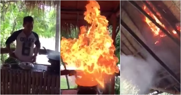 พ่อค้าโชว์ผัดผักบุ้งไฟแดง ไฟลุกท่วมหลังคามุงจาก วิ่งสิครับแบบนี้ ! พ่อค้าโชว์ผัดผักบุ้งไฟแดง ไฟลุกท่วมหลังคามุงจาก วิ่งสิครับแบบนี้ !