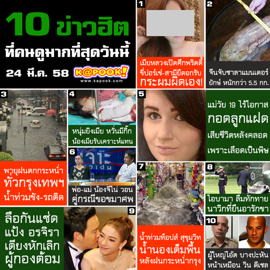 10 ข่าวฮิต ประจำเว็บไซต์ kapook.com วันที่ 24 มีนาคม 2558 10 ข่าวฮิต ประจำเว็บไซต์ kapook.com วันที่ 24 มีนาคม 2558