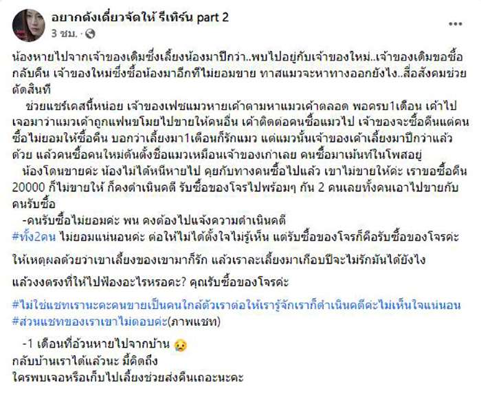 สาวตามหาแมวหาย รู้ทีหลังว่าแฟนขโมยไปขาย สาวตามหาแมวหาย รู้ทีหลังว่าแฟนขโมยไปขาย