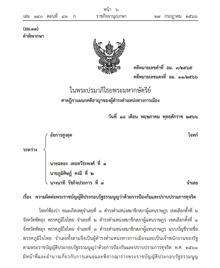 ราชกิจจาฯ เผยคำสั่งศาลฎีกาจำคุก 3 สส ภูมิใจไทย ราชกิจจาฯ เผยคำสั่งศาลฎีกาจำคุก 3 สส ภูมิใจไทย