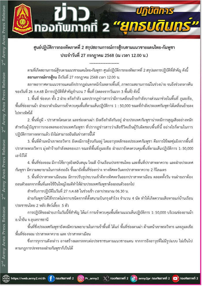 สรุปสถานการณ์ชายแดนไทย กัมพูชา 27 กรกฎาคม 2568 สรุปสถานการณ์ชายแดนไทย กัมพูชา 27 กรกฎาคม 2568