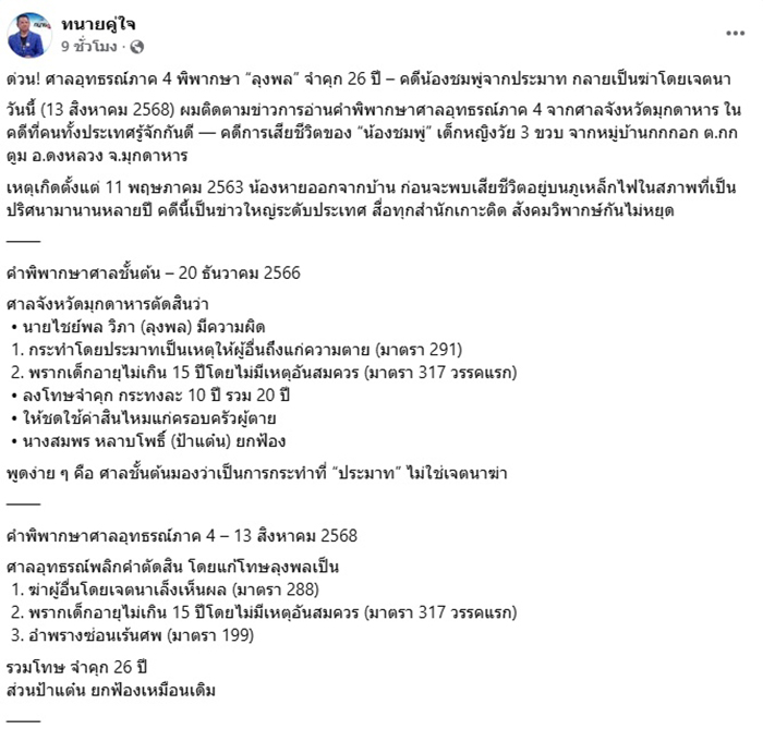 ทนายชี้จุดพลิก คดีน้องชมพู่ ทำไมศาลเพิ่มโทษ ลุงพล ทนายชี้จุดพลิก คดีน้องชมพู่ ทำไมศาลเพิ่มโทษ ลุงพล