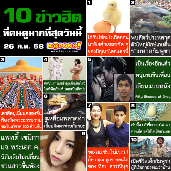 10 ข่าวฮิต ที่คนดูมากที่สุด ประจำวันที่ 26 ก.พ. 58 10 ข่าวฮิต ที่คนดูมากที่สุด ประจำวันที่ 26 ก.พ. 58