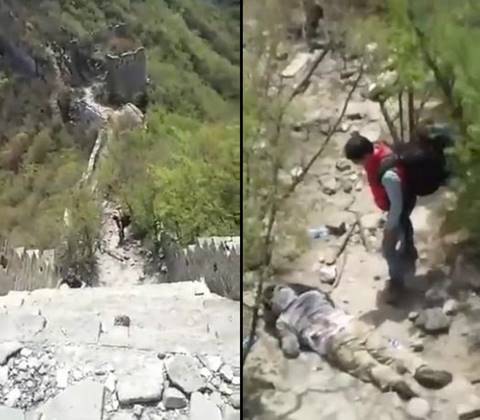 วินาทีระทึก ! คลิปนักท่องเที่ยวร่วงดิ่งกำแพงเมืองจีน ไม่น่าเชื่อเขารอดชีวิต