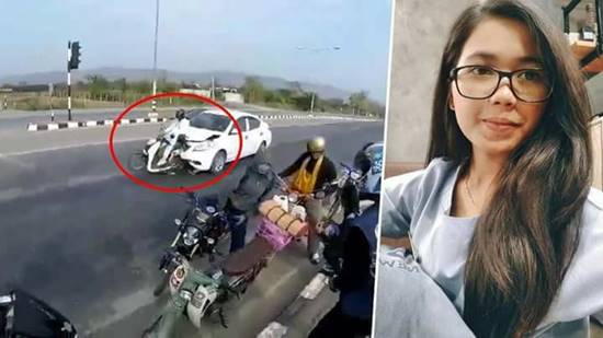 พยาบาลถูกเก๋งชนกลางไฟแดง ยังไม่ตาย