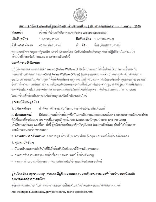 สถานทูตอเมริกาที่ไทย รับสมัคร จนท.สวัสดิภาพแมว