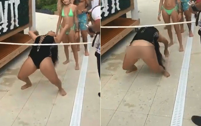 สาวแอ่นตัวลอดเชือก ท่ายากไม่แคร์ชุดฟิต จนขาดแควก โชว์น้องสาวหรา