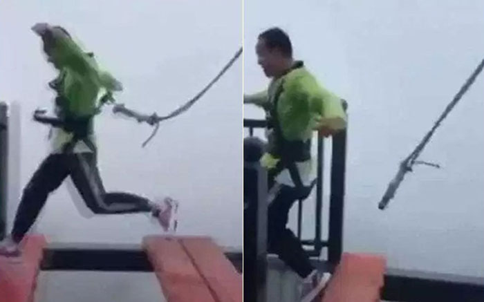 หวิดสยอง เชือกนิรภัยหลุดจากตัวนักท่องเที่ยว ขณะโดดข้ามช่องสะพานลอยฟ้า 