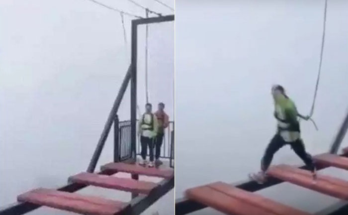 หวิดสยอง เชือกนิรภัยหลุดจากตัวนักท่องเที่ยว ขณะโดดข้ามช่องสะพานลอยฟ้า