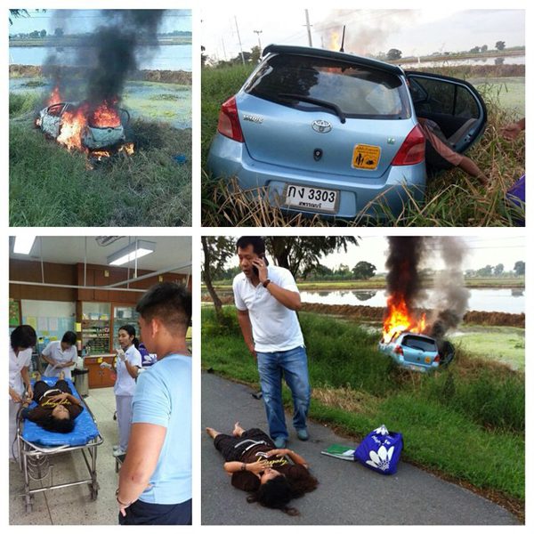 2 พ่อลูกพลเมืองดี ช่วยครูสาวออกจากเก๋งชน 18 ล้อ รอดถูกไฟคลอก