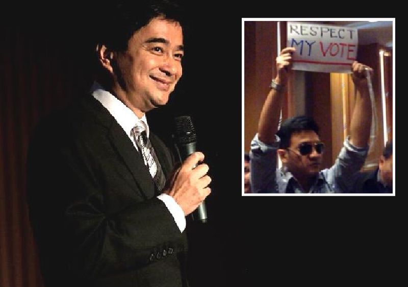 ชายบุกเป่านกหวีดใส่ อภิสิทธิ์ พร้อมชูป้าย RESPECT MY VOTE