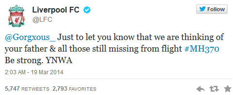 ลิเวอร์พูล ทวีตให้กำลังใจ ลูกสาวสจ๊วต MH370 You'll Never Walk Alone