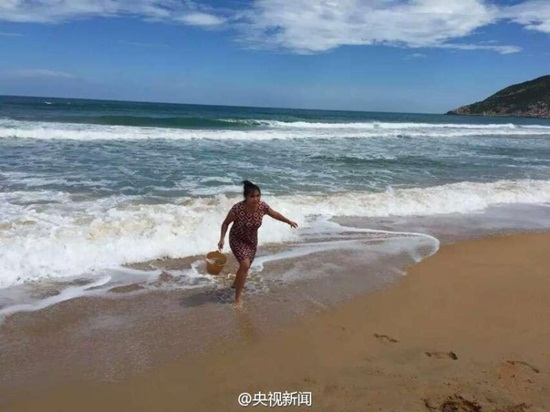 ชาวบ้านยืนกางร่มให้โลมาที่เกยหาด