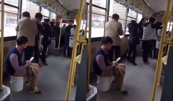 หนุ่มหิ้วถังส่วนตัวขึ้นมานั่งอุจจาระบนรถเมล์
