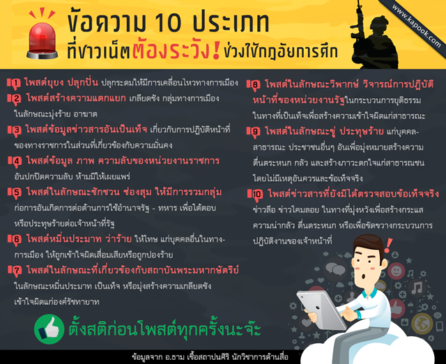 นักวิชาการ เตือน 10 โพสต์ที่ชาวเน็ตต้องระวังช่วงใช้กฎอัยการศึก 