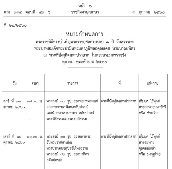 หมายกําหนดการ พระราชพิธีครบรอบ 1 ปี วันสวรรคต ในหลวง ร.9 