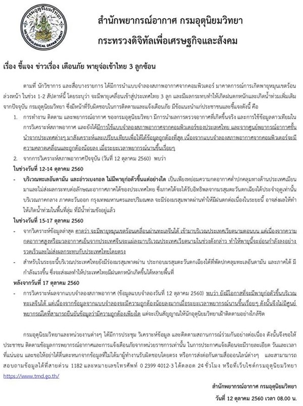 กรมอุตุนิยมวิทยาแจงข่าวพายุเข้าไทย
