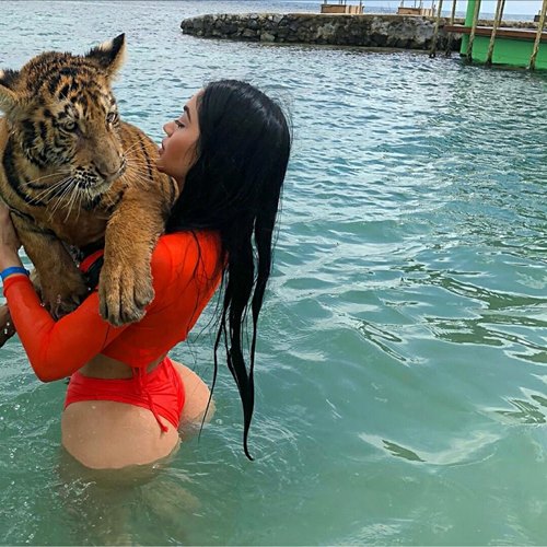 สาวเซ็กซี่สาวอุ้มเสือดาวลงเล่นน้ำ