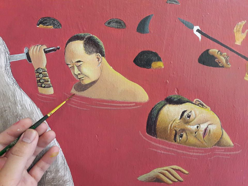 ภาพวาดคล้าย ประยุทธ์-ประวิตร ผนังวัด