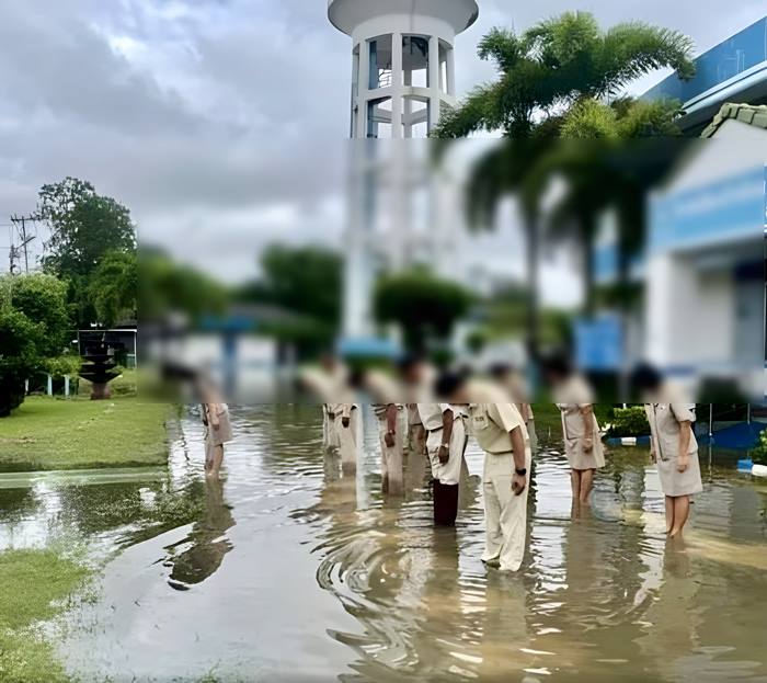 เจ้าหน้าที่ประปาร้องเพลงชาติตรงน้ำท่วม