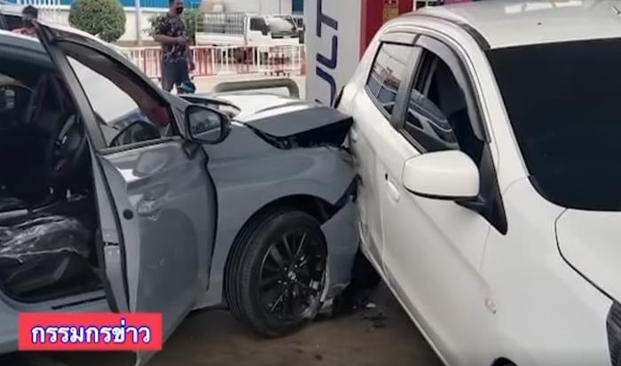 คลิปเก๋งป้ายแดงชนเด็กปั๊มขาขาด