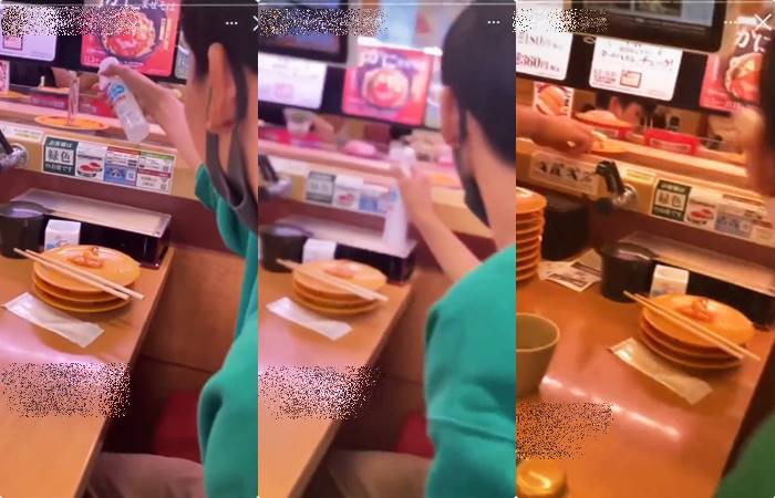 วัยรุ่นฉีดแอลกอฮอล์ใส่ซูชิสายพาน