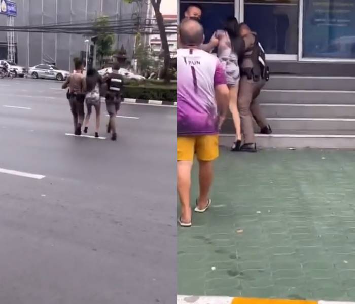 สาวนั่งฉี่หน้าโรงพัก