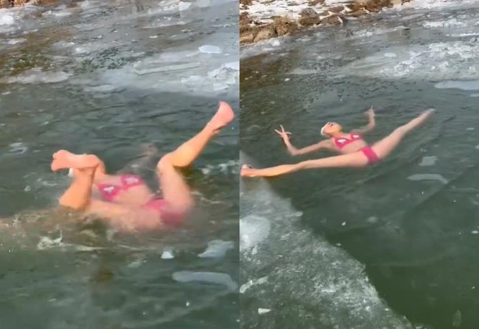 สาวบิกินี่ กระโดดธารน้ำแข็ง 