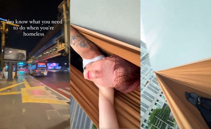 ฝรั่งท้าตาย ผูกเปลบนป้ายโฆษณาไทย 