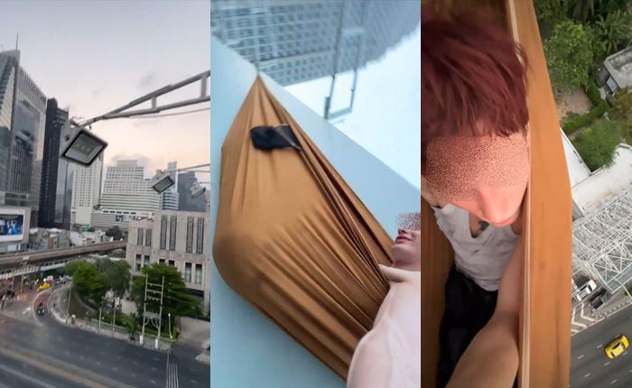 ฝรั่งท้าตาย ผูกเปลบนป้ายโฆษณาไทย 