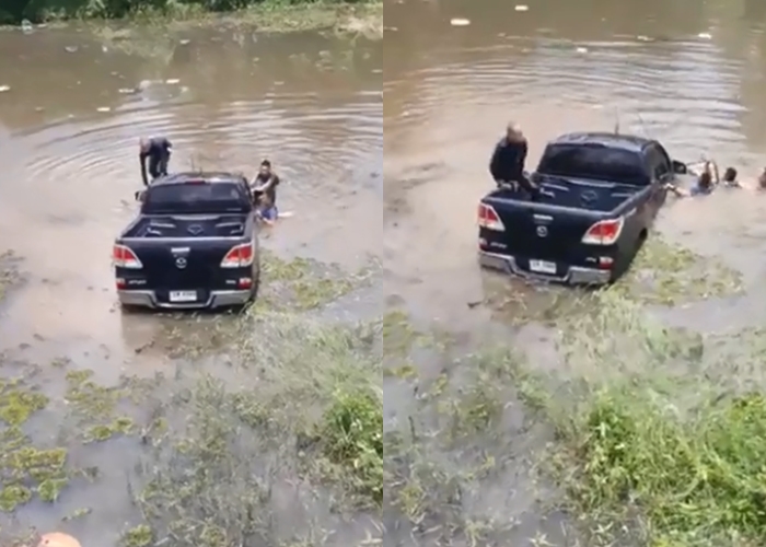   รถกระบะพุ่งตกคลอง 4 ทหารฮีโร่ โดดน้ำทุบกระจกช่วยด่วน