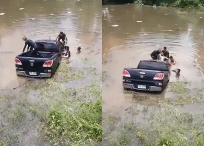   รถกระบะพุ่งตกคลอง 4 ทหารฮีโร่ โดดน้ำทุบกระจกช่วยด่วน