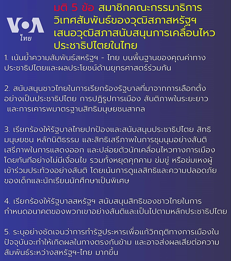 ส.ว. สหรัฐ หนุนการเคลื่อนไหวในไทย