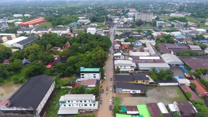 ภาพมุมสูง น้ำท่วมหนองคาย ที่ส่งผลกระทบต่อตัวเมืองเป็นวงกว้าง