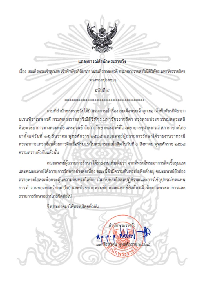 สำนักพระราชวัง แถลงการณ์เรื่องพระองค์ภาฯ ทรงพระประชวร ฉบับที่ 5