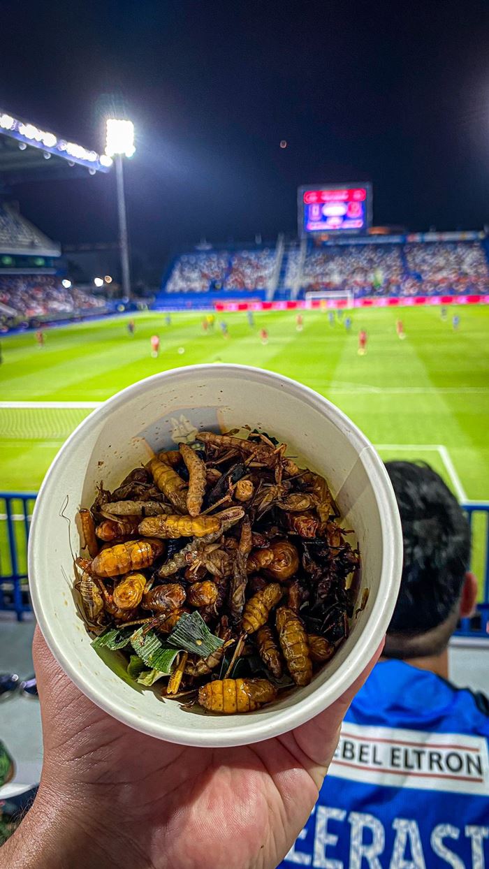 ฝรั่งแชร์ภาพกินแมลงทอดที่สนามบอลไทย