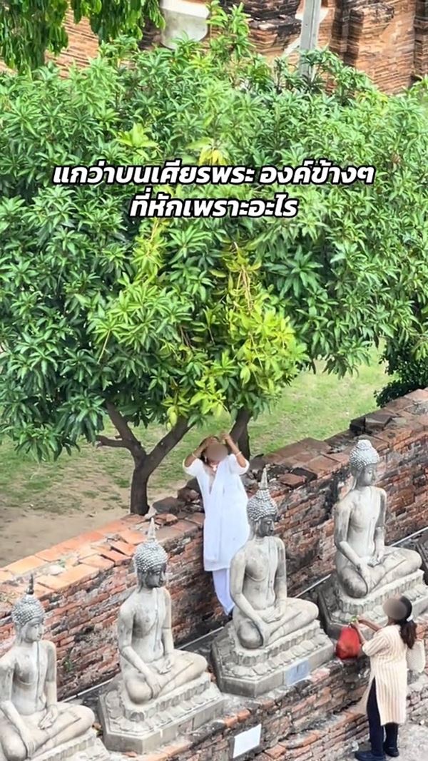 นักท่องเที่ยว ปีนขึ้นพระพุทธรูป ขโมยมะม่วงจากต้น