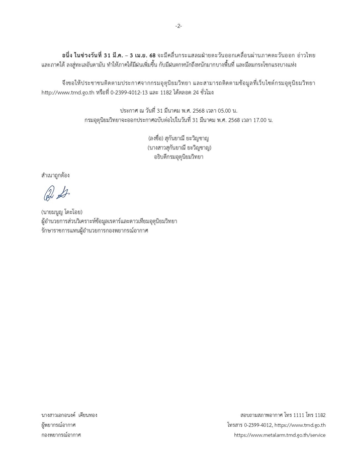 สภาพอากาศ 31 มี.ค. - 1 เม.ย. 68 เปิดรายชื่อ 34 จังหวัดฝนถล่ม