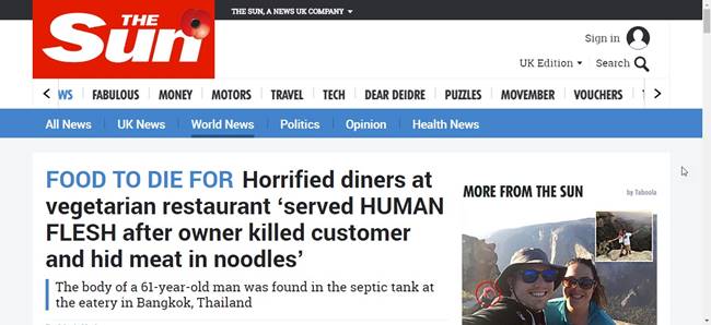  ร้านอาหารในไทย เสิร์ฟเนื้อคนในก๋วยเตี๋ยว